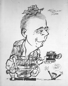 A cartoon characterisation of Denis Gibbons, Vietnam photographer as seen by WEG (William E Green) a catoonist with the Melbourne Herald. 