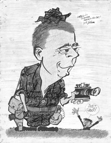 A caricature of Denis Gibbons, by William E Green (Weg) of the Melbourne Herald newspaper during his visit to the 1st Australian Task Force Base in Nui Dat. 