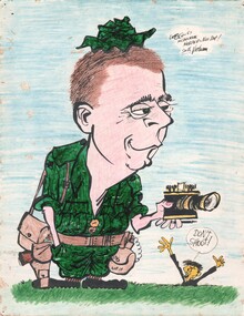 A caricature of Denis Gibbons, by William E Green (Weg) from Melbourne Herald newspaper during his visit to the 1st Australian Task Force Base. 