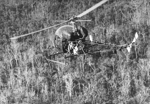 A photograph of a rotary (helicopter) wing pilot and his 'Possum' aircraft, swooping low over the jungle of Phuoc Tuy Province. 