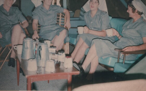 A photograph of Lt Margaret Ahern,  Lt Colleen Mealey, Lt Terrie Roche, Lt Colleen Mealey and Capt Amy Pittendreigh, relax at the Officers Mess.