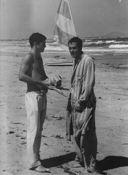 A photograph of two patients from the 1st Australian Field Hospital, taken to the beach by the hospital Red Cross staff. 