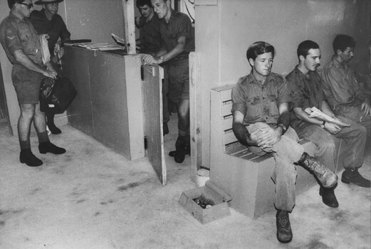 A photograph of Diggers waiting for admission and/or discharge at the 1st Australian Field Hospital, Vung Tau. 