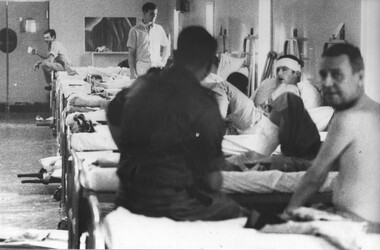 A photograph of patients at the 1st Australian Field Hospital, Vung Tau, waiting to be moved by stretchers and loaded into ambulances. 