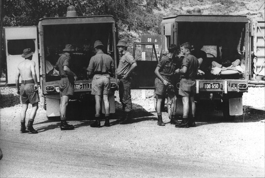 A photograph of patients in ambulances at the 1st Australian Field Hospital, prior to the short trip to the Vung Tau Airfield.