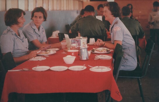 A photo at Australian Logistic Support Base Officers Mess where 8 Field Ambulance Hospital Red Cross staff Winsome Ayliffe, Jean Debelle and Janice Webb 