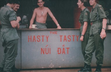 A photo of Lt Colleen Mealey, Cpt Amy Pittendreigh, Lt Terrie Roche and Lt Margaret Ahern at the task force eatery 'The Hasty Tasty'. 