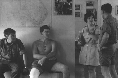 A photograph of Red Cross nurse Carmel O'Shea at the 1st Australian Field Hospital, Vung Tau, talking to patients at the Red Cross Hut. 