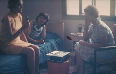 A photograph of a combined "letter tape" back home for Red Cross girls, Jean Debelle, Winsome Ayliffe and Janice Webb.  