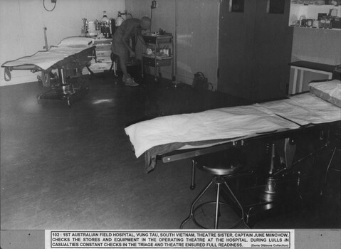 A photograph at the 1st Australian Field Hospital, Vung Tau, South Vietnam, Theatre Sister Captain June Minchow checking stores. 