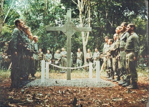 A photograph at Long Tan,the original members of D Coy 6 RAR, Sgt Beere, Cpl O'Rourke, Cpl Roche and at the dedication ceremony.