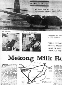 A black and white photograph of a photocopy of People newspaper article on the Mekong Milk Run, written and photographed by Denis Gibbons