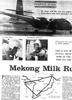 A black and white photograph of a photocopy of People newspaper article on the Mekong Milk Run, written and photographed by Denis Gibbons