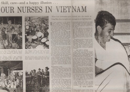 A black and white photograph of a photocopy of Women's Day article on Australian nurses serving in Vietnam, written and photographed by Denis Gibbons