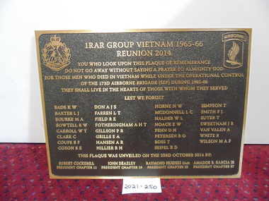 Plaque, 1 RAR Group, Vietnam 1965-66 Reunion 2014