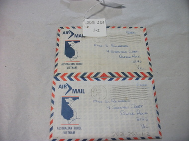 Two air mail letters with red and blue stripes around all edges of the envelopes addressed to Miss S Richards.