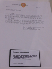 A copy of a telegram sent to Mr Walter Noack (Errol's father) from W.C. Westmoreland, General, United States Army Commanding.