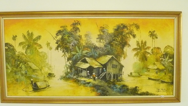 Painting, MINH _ Vietnam Artist, Mekong River Delta Village, c. 1970