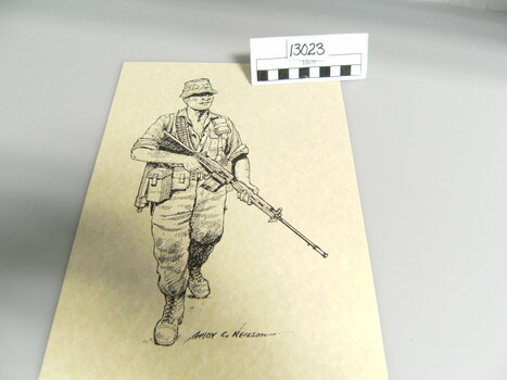 Black ink printed on beige coloured paper depicting a soldier in full Military uniform "walking" on patrol holding a rifle.