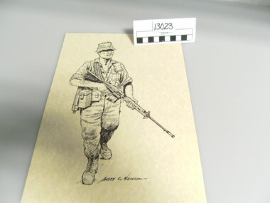 Black ink printed on beige coloured paper depicting a soldier in full Military uniform "walking" on patrol holding a rifle.