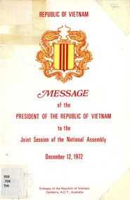 Book, Thieu, Van Nguyen, Message of the President of the Republic of Vietnam o the Joint Session of the National Assembly December 121, 1972