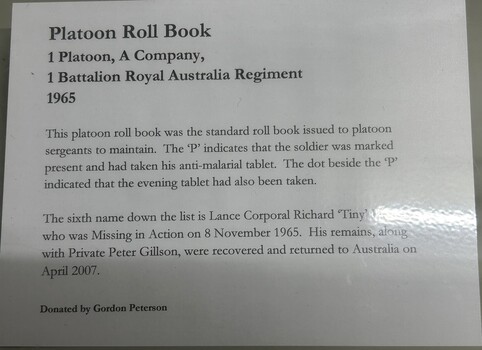 Information regarding the Platoon Roll Book, 1 Platoon, A Company, 1 Battalion Royal Australian Regiment 1965