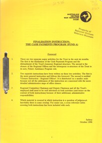 Administrative Record (Item), Australian Vietnam War Veterans Trust Ltd, Finalisation Instruction: The Cash Payments Program (Fund A), Australian Vietnam War Veterans Trust Ltd. 1996
