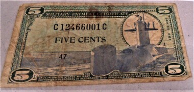 Green 5 cent Military Payment Certificate with image on the right hand side of a submarine on the tower with a United States flag.