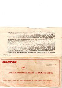 Image of paper QANTAS airline ticket with red print, stamped no:000067. 