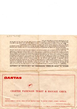 Yellowed square of paper bearing QANTAS emblem and details in red, has been folded into quarters.