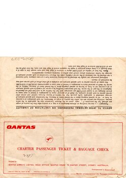 Yellowed square of paper bearing QANTAS emblem and details in red, has been folded into quarters.