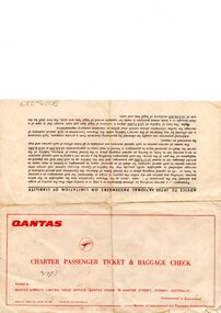 Yellowed square of paper bearing QANTAS emblem and details in red, has been folded into quarters.