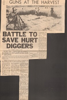 A newspaper article by Garrett Jones of AAP. Above the image are the words "GUNS ARE THE HARVEST". Below the image appears the words "BATTLE TO SAVE HURT DIGGERS".