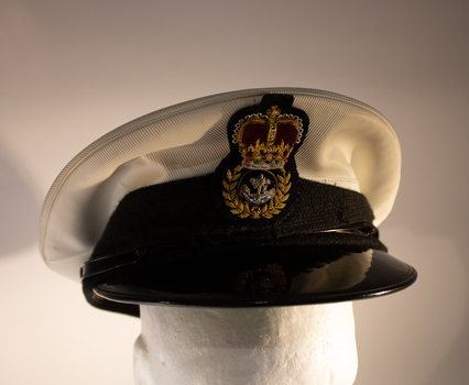 White and black petty officers hat with full gold bullion embroidery.