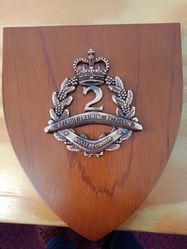 Wooden shield-shaped plaque with brass laurel and crown with a large 2 in the centre and crossed boomerangs.