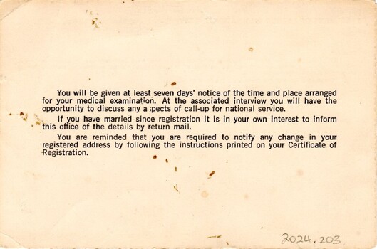 Small buff coloured card issued by Commonwealth Govt advising Mr I.R McKenzie has been selected for service.
