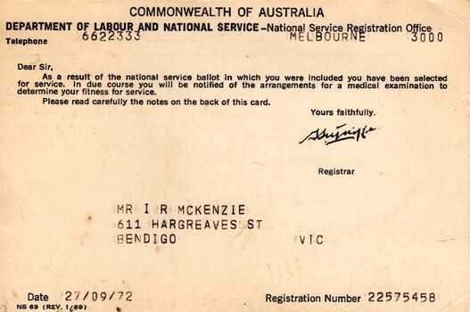 Small buff coloured card issued by Commonwealth Govt advising Mr I.R McKenzie has been selected for service. 
