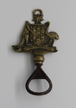 Brass bottle opener with Australian Coat of Arms at the top.