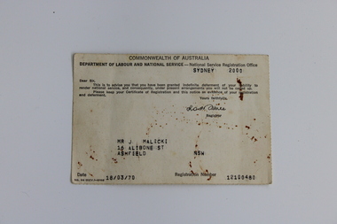 Certificate of Registration for National Service for Mr J Malicki