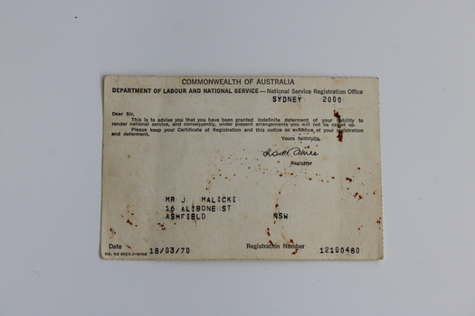 National service deferment notice issued to John Malicki registration number 12100480.