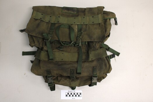 A green ruck sack with canvas webbing with buckles and clip fastners.