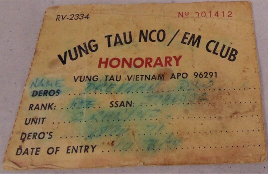 A small membership card issued to Pte. D.W. Drennan, 3796582 a Honorary private club.