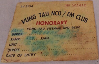 A small membership card issued to Pte. D.W. Drennan, 3796582 a Honorary private club.