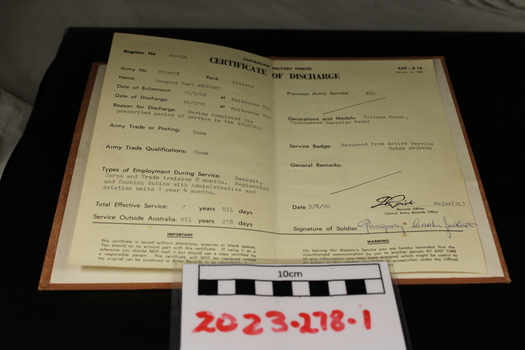 Inside photograph of serviceman Gregory Carl Juckerts discharge papers. Vietnam war (1962-1972).