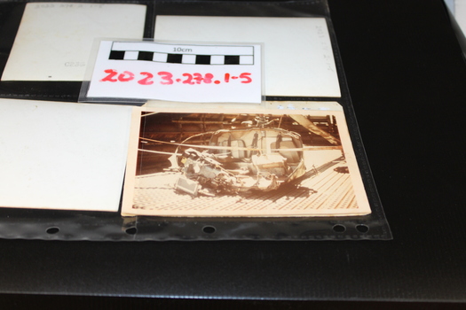 Photograph of damaged helicopter, Vietnam war (1962-1972)