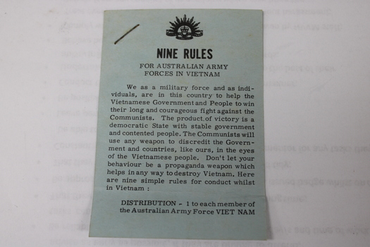 Blue Nine Rules card issued to Australian Servicemen serving in Vietnam during the 1962-1972 conflict.