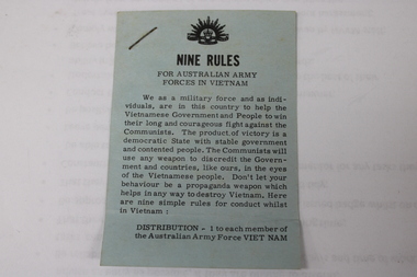 Blue Nine Rules card issued to Australian Servicemen serving in Vietnam during the 1962-1972 conflict.