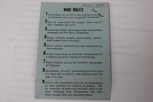 Blue nine rules card issued to Australian servicemen whilst serving in Vietnam conflict 1962-1972.