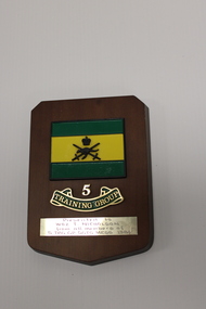 A wooden plaque with 3 attachments. Top one is green and yellow horizontal stripes.
