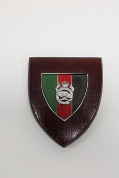 A wooden plaque with a central metal shield with green, red and black horizontal stripes and a silver badge.